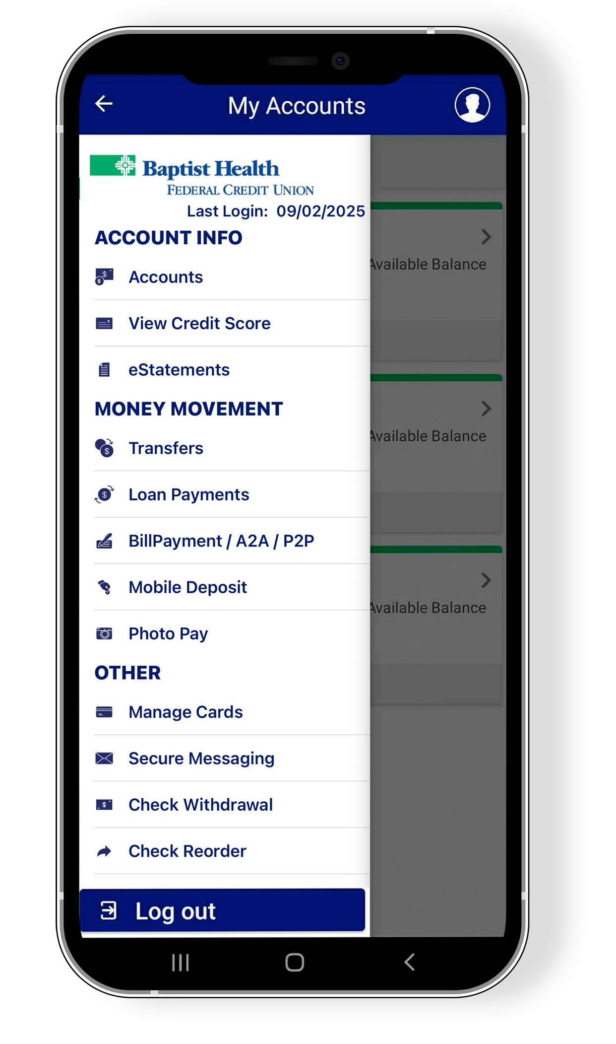 Image of iphone with Baptist Health FCU mobile app on it.